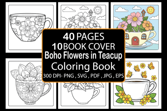 Boho Flowers in Teacup Coloring Pages & Graphics