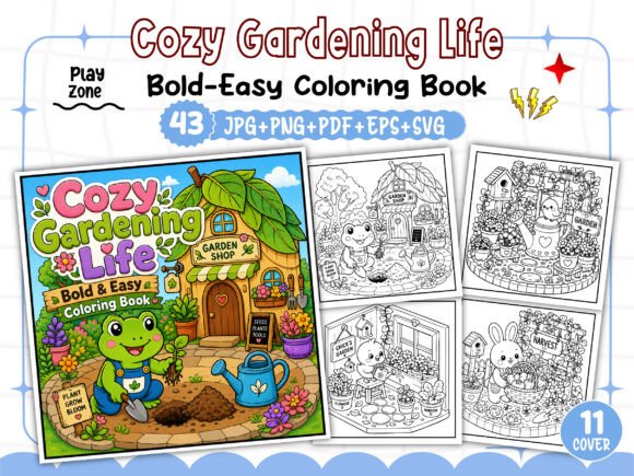 Bold Easy Cozy Gardening Life Coloring Pages & Graphics