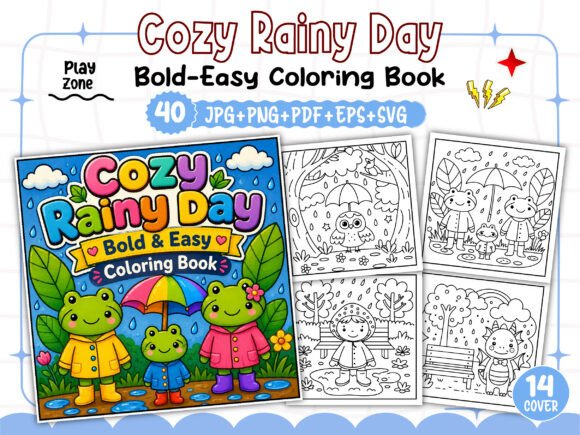 Bold Easy Cozy Rainy Day Coloring Book Graphics
