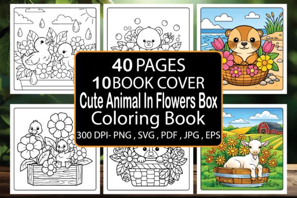 Cute Animal in Flowers Box Coloring Pages Graphics