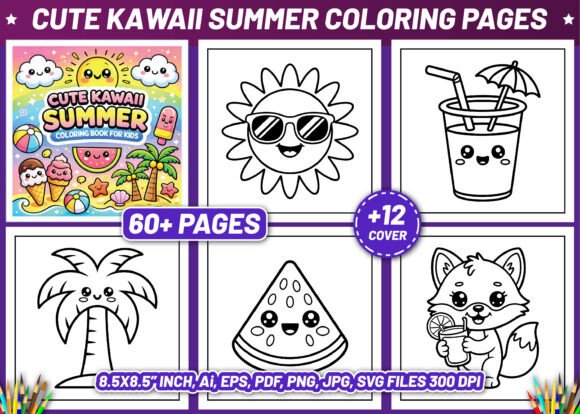 CUTE KAWAII SUMMER COLORING PAGES Graphics