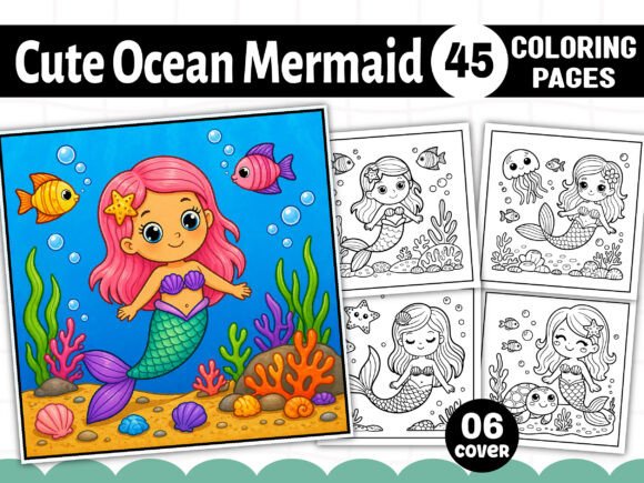 Cute Ocean Mermaid Coloring Pages & Graphics