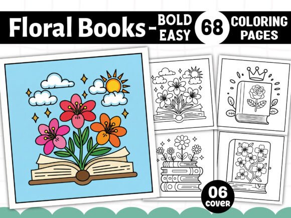 Floral Books Bold Easy Coloring Pages Graphics