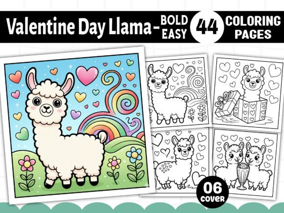 Valentine Day Llama Bold Easy Coloring Graphics